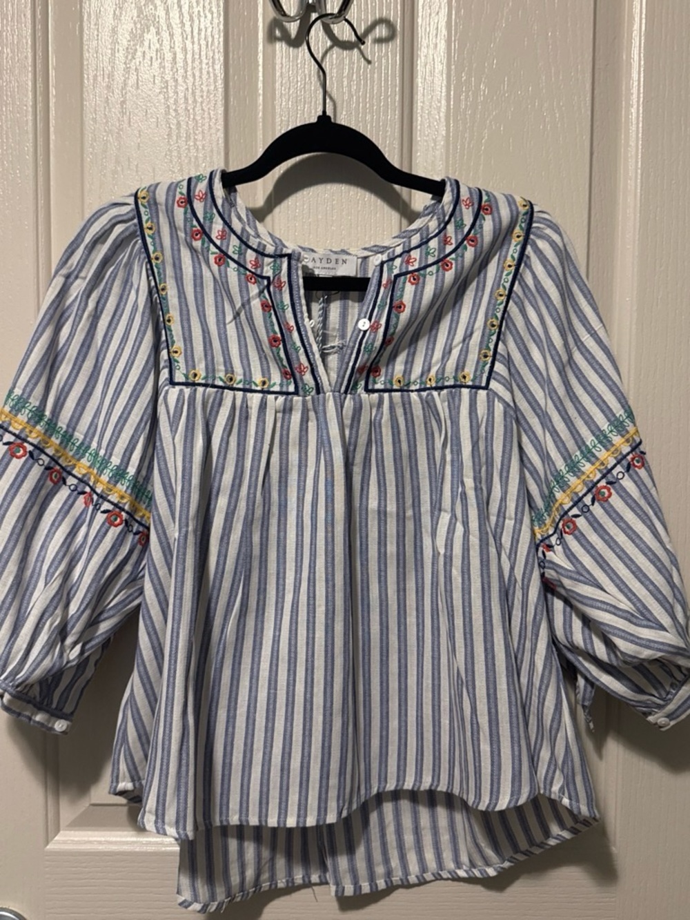 Hayden Blue & White Striped Embroidered Peasant Top